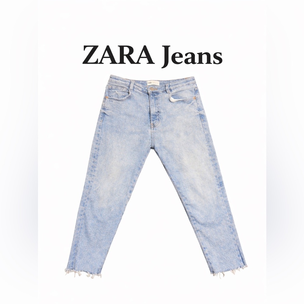 ZARA High Rise Straight Leg Jeans Raw Hem Light Wash Size 4 Stretch Denim